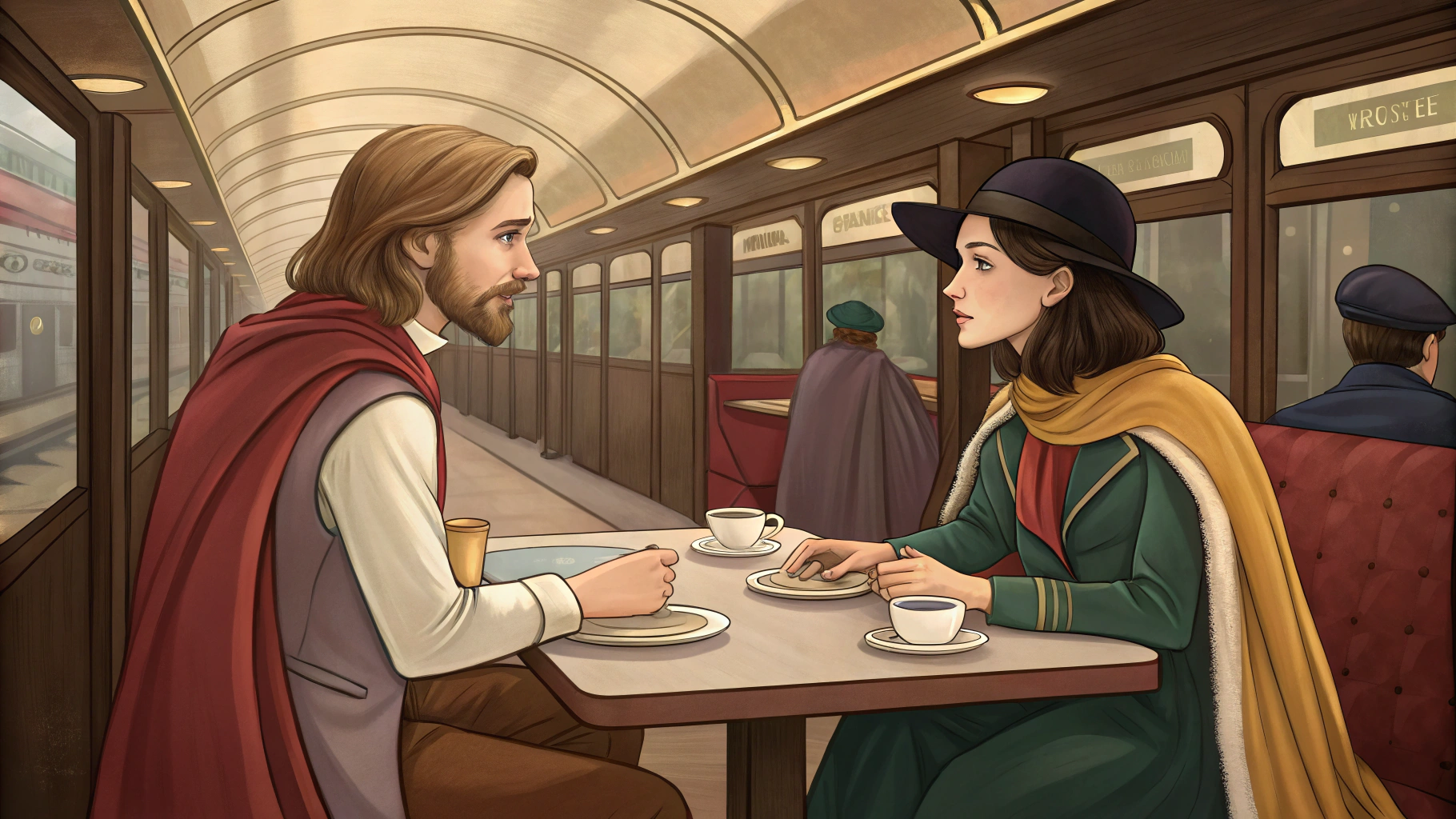 AI generated image by FLUX.1-schnell: A couple (the man has semi-long chocolate-blond hair and a light beard; the woman has straight dark-blond hair and expressive eyes) is seated at a table in a 1920s café. The tables are arranged along a corridor-like area where a train passes by, with the enclosed space designed in a subway style. Ahead of the couple's table, several wise men are engaged in a philosophical discussion. They wear colorful capes in a Victorian or musketeer style. One of these men has long black hair, a sharp goatee, and a musketeer hat. It seems there is a station nearby, as the train passes closely by the tables