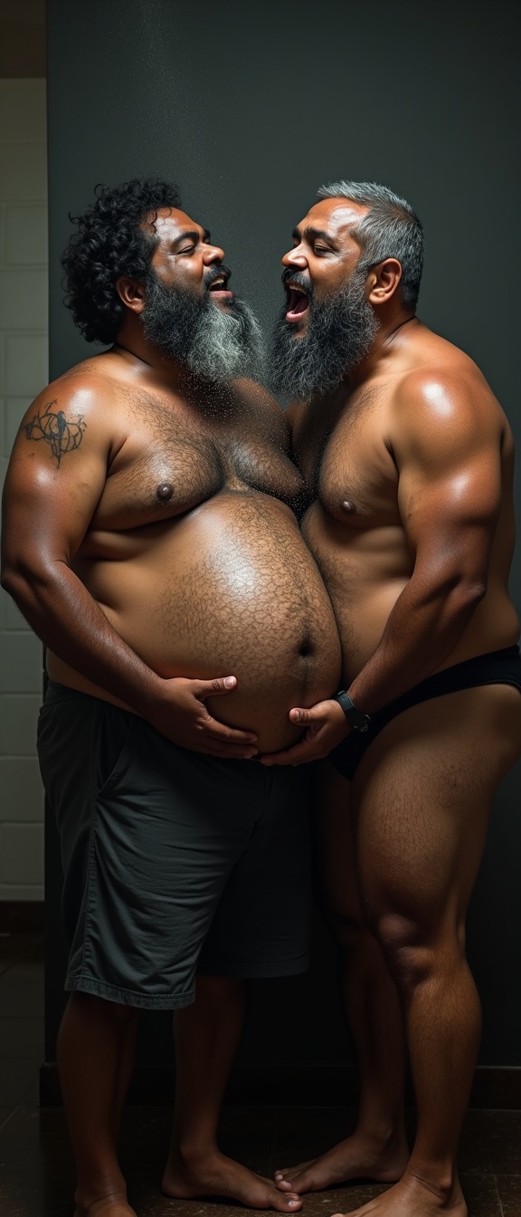 AI generated image by FLUX.1: Danny who is a big pot bellied, obese, dark skinned, hairy, grey haired, lustful, macho, matured hairy dark Tamil alpha male math teacher with thick eyebrows, full plump lips, thick beard and very big beefy and muscular chests is holding Tommy, a stocky student. Danny and Tommy are having a secret affair after class. Both Danny and Tommy are completely naked without clothes on and wet all over. Tommy is caressing Danny's masculine, hairy, big, fat, dark skinned pot round belly with a big belly button. Danny's dark skinned big hairy belly has a big round belly button that is deep. Danny also has fat beefy thighs and big feet. Danny is hugging Tommy very close with both his big strong arms and is spitting a lot of wet strands of saliva in Tommy's wide open mouth with his tongue out. The saliva runs down all over Danny's beard, his big hairy belly, thick thighs and his thick feet. Danny has a thick, erect penis with  low hanging scrotum which is drenched in saliva.
