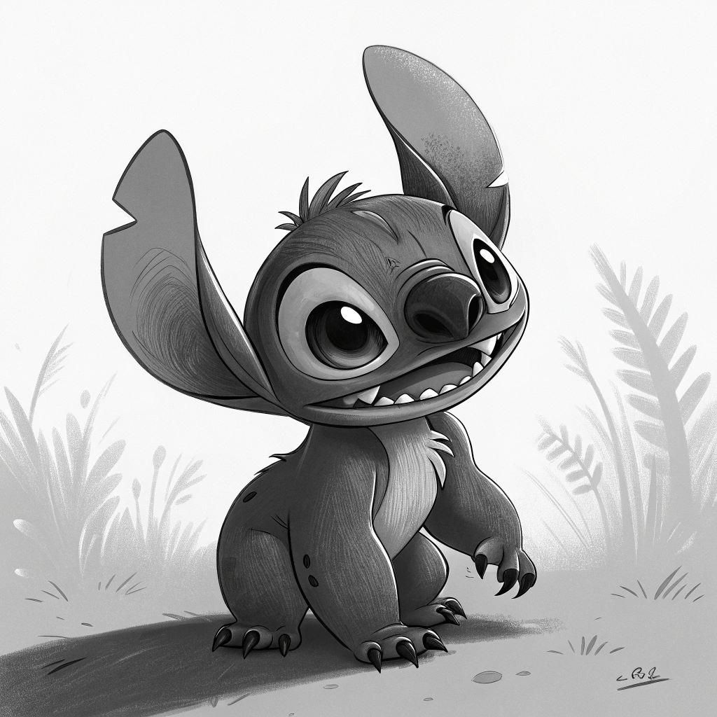 AI generated image by Red Panda AI: "A character similar to Disney's Stitch, in a monochromatic style. The image should capture his mischievous and adorable energy, with sharp details and high contrast in black and white. Add shadows to enhance depth and dimension