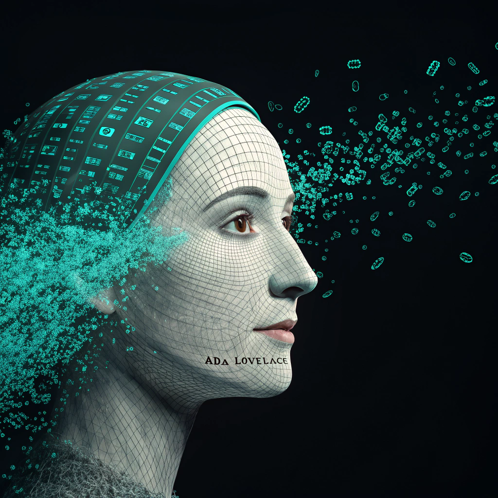 AI generated image by Red Panda AI: Ada Lovelace's face as a digital mask made from thousands of turquoise numbers and formulas forming his face. the formulas and numbers fly behind the mask leaving a trail of complexity. the mask is floating dynamically in mid air. his head is turned to the right but his eyes are looking directly into the camera. the mask is on a black background.  like a png with black only background. photo realistic, sci-fi