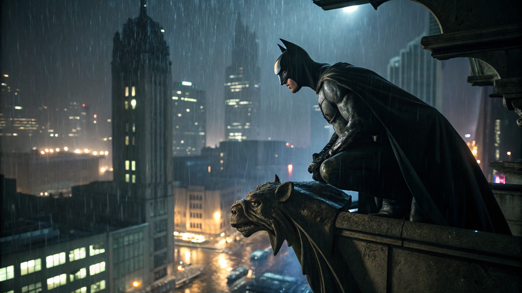 AI generated image by FLUX.1-schnell: Batman, perched on a gargoyle overlooking a rainy Gotham city at night. A close up shot with strong focus and slightly blurred background.