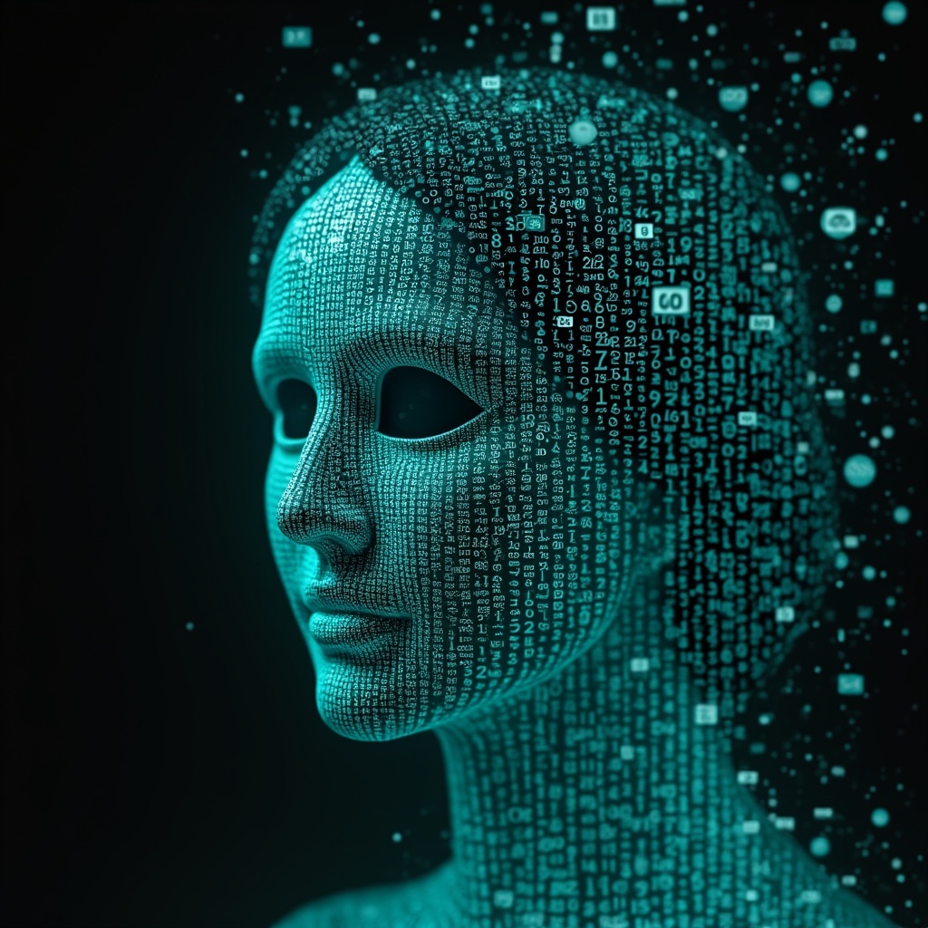 AI generated image by FLUX.1-pro: Ada Lovelace's face as a digital mask made from thousands of turquoise numbers and formulas forming his face. the formulas and numbers fly behind the mask leaving a trail of complexity. the mask is floating dynamically in mid air. his head is turned to the right but his eyes are looking directly into the camera. the mask is on a black background.  like a png with black only background. photo realistic, sci-fi, human features hair