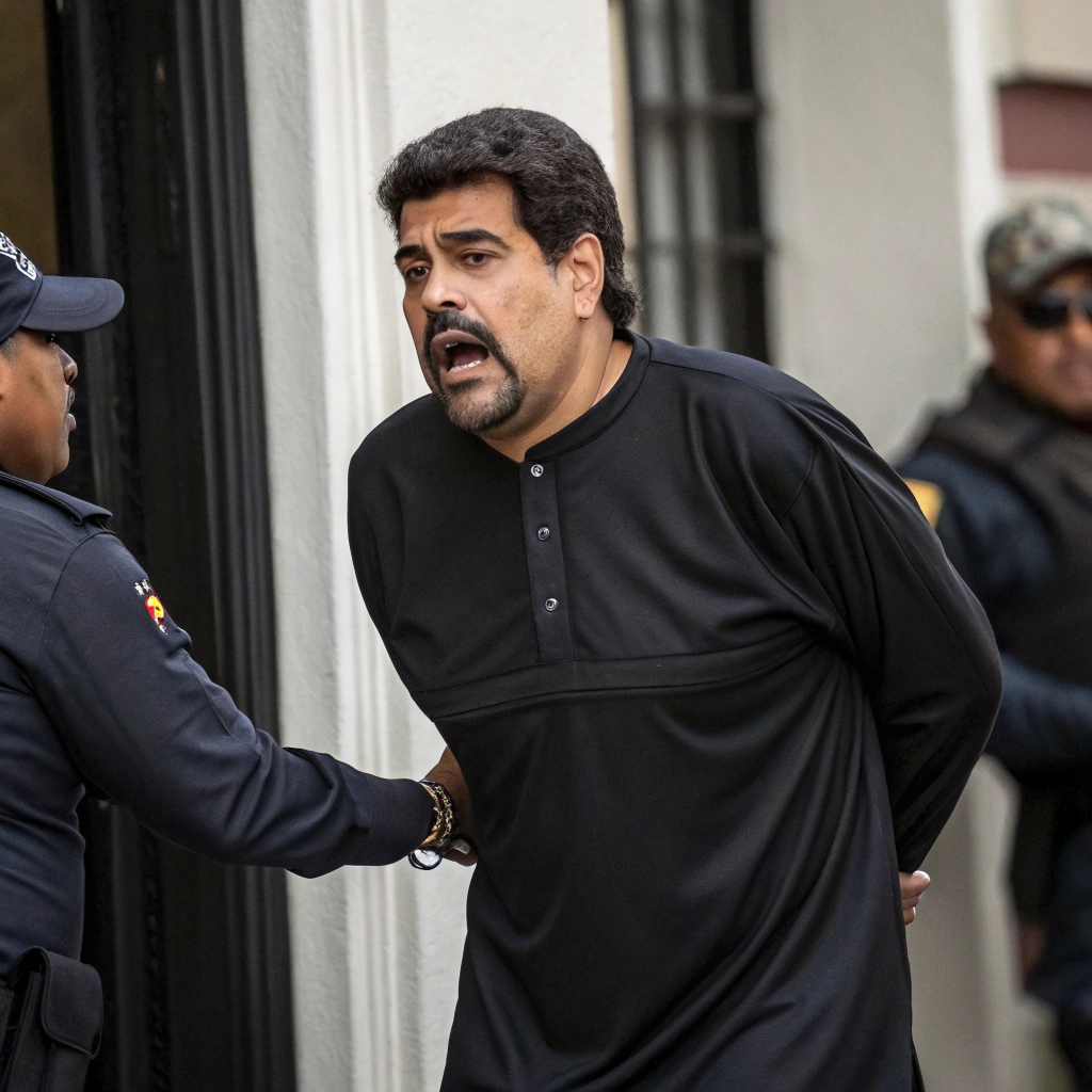 AI generated image by Red Panda AI: nicolas maduro con camisa de negro manga larga siendo esposado y sorprendido que salga cuerpo completo