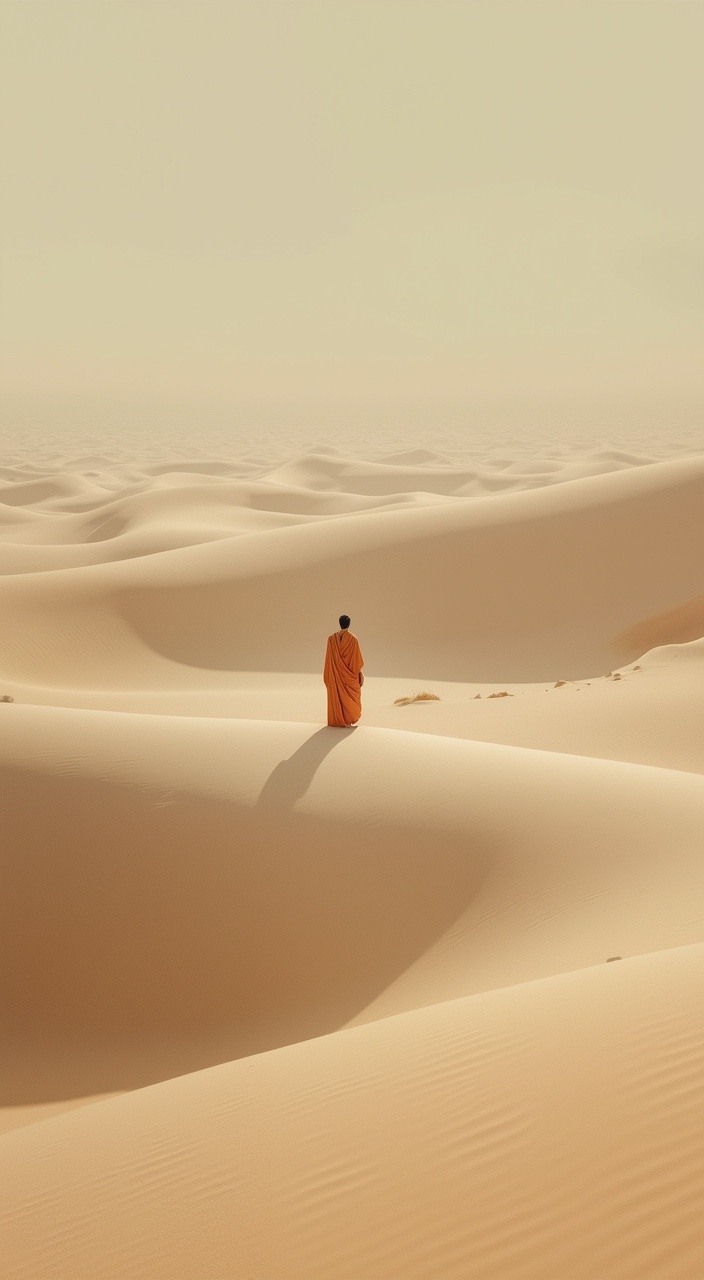 AI generated image by FLUX.1-pro: A minimalist desert landscape with soft dunes stretching into the horizon. The scene features a lone figure dressed in traditional attire, standing in the middle of the frame, viewed from above. The color palette is harmonious and balanced: the dunes are predominantly #BFB3A4 (beige soft), covering 60% of the composition, with shadows and textures in #595047 (earthy gray), making up 30% of the image. A small accent of #D93D04 (vivid orange) is visible, perhaps as a detail on the figure's clothing, accessory, or a subtle feature in the environment, constituting 10% of the visual weight. The lighting is warm and diffused, evoking serenity and introspection.