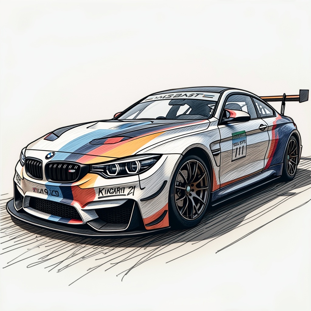 AI generated image by FLUX.1-pro: Paso 1: Investigando Referencias
Busca Imágenes:
Encuentra varias imágenes del BMW M4 GT3 desde diferentes ángulos (frontal, lateral, trasero y superior).
Asegúrate de que las imágenes sean de buena calidad y muestren detalles importantes.
Paso 2: Esbozo de la Forma General
Dibuja un Rectángulo Base:

Comienza dibujando un rectángulo grande en el medio de tu hoja. Este será el contorno básico del coche.
Largo del coche: Aproximadamente tres veces más largo que alto.
Dividir en Secciones:

Subdivide el rectángulo en tres partes: delantero, medio y trasero. Esto te ayudará a mantener las proporciones correctas.
Paso 3: Dibujo de las Líneas del Coche
Dibuja el Contorno del Techo:

Dibuja una línea curva en la parte superior, representando el techo del coche, que debe ser un poco más alto en el medio.
Las alas del techo deben mezclar suavemente la parte frontal y trasera.
Forma del Paragolpes:

Dibuja la curva del paragolpes delantero y el trasero.
El paragolpes delantero es más bajo y tiene una forma más agresiva; agrega una línea en la parte inferior para indicar la parrilla.
Paso 4: Detalles de la Carrocería
Agregar Ventanas y Líneas de Diseño:

Dibuja la línea de las ventanas según la referencia. Asegúrate de que la forma sea adecuada al diseño del M4 GT3.
Añade líneas adicionales que representen los detalles adicionales, como las molduras.
Ejes de las Ruedas:

Marca la posición de las ruedas. Puedes dibujar dos círculos grandes donde se espera que vayan las ruedas (uno en la parte delantera y otro en la trasera).
Las ruedas del M4 son anchas; asegúrate de darles un tamaño adecuado en relación al cuerpo del coche.
Paso 5: Detalles del Motor y Componentes
Dibuja los Coeficientes:
Agrega detalles del motor sobresaliendo del capó, así como las rejillas de ventilación típicas.
Alerón Trasero y Difusores:
Dibuja el alerón trasero en la parte trasera del coche, asegurándote de que se vea grande y prominente.
Agrega detalles de los difusores y salidas de aire en la parte trasera y lateral.
Paso 6: Texturas y Sombras
Agrega Diferentes Texturas:

Esboza las áreas de carbono, como el capó, el alerón y las partes laterales, utilizando líneas finas y patrones cruzados.
Aplicación de Sombras:

Agrega sombras en áreas donde la luz no llega, como debajo del coche, en los arcos de las ruedas, y en los pliegues del diseño.
Paso 7: Limpieza del Boceto
Goma de Borrar:

Limpia las líneas de construcción que ya no necesites. Asegúrate de que las líneas importantes se mantengan nítidas.
Detalles Finales:

Marca los detalles importantes como las luces, los logotipos y otras insignias.
Paso 8: Coloración (Opcional)
Selecciona una Paleta de Colores:

Decide qué colores quieres usar. El BMW M4 GT3 tiene generalmente detalles en colores metálicos y matices modernos.
Colorea:

Utiliza lápices de colores o marcadores para añadir color a tu dibujo. Hazlo con cuidado para no excederte y evitar que los colores se mezclen.