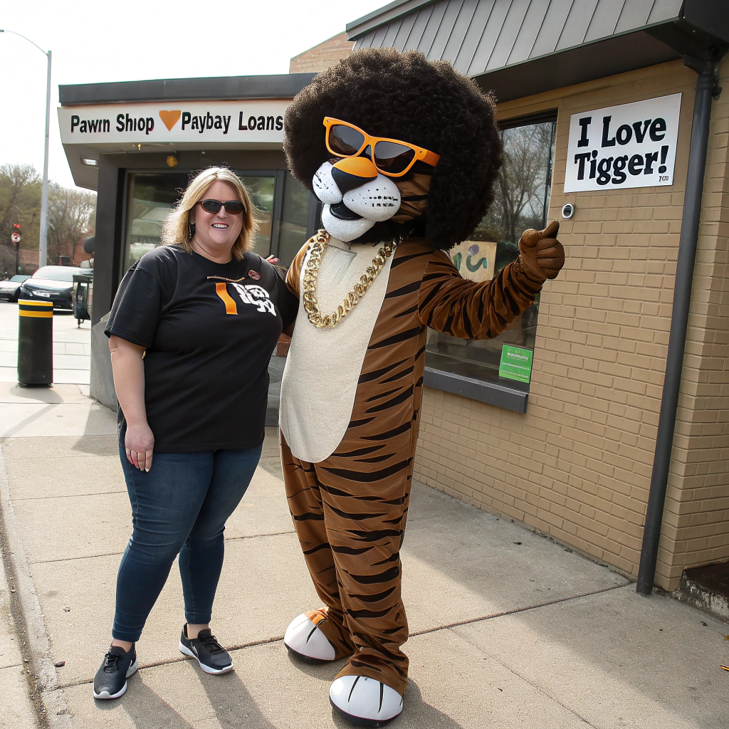 AI generated image by Red Panda AI: “Generate an original cartoon tiger character, not based on any existing character, with brown and dark-brown stripes in a friendly, playful children’s-storybook style.” And, give him gold chain, holding and dark sunglasses, the tiger has a big afro and smoking a menthol cigarette, with a white woman that is overweight.  The woman is blond.  The woman wears a shirt that says, "I love Tigger!"  The tiger has an ankle bracelet that says "court ordered".  Full body view of the Tiger so you can clearly see the ankle bracelet.  There is a sign in the background that says "Pawn Shop" "Payday Loans".
