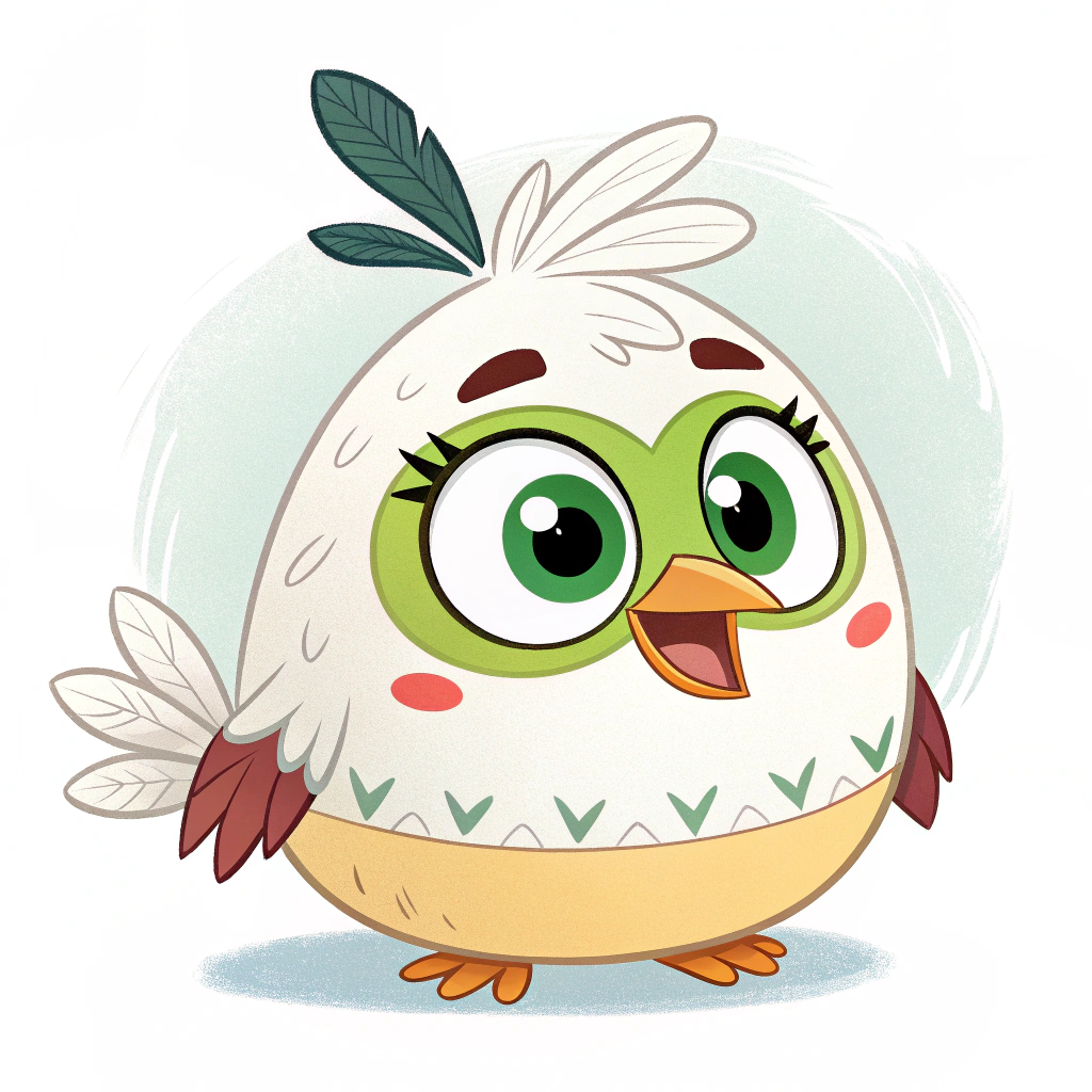 AI generated image by Red Panda AI: A cute green-eyed cartoon with white feathers that looks like Angrybird to me or Disney Chanel
