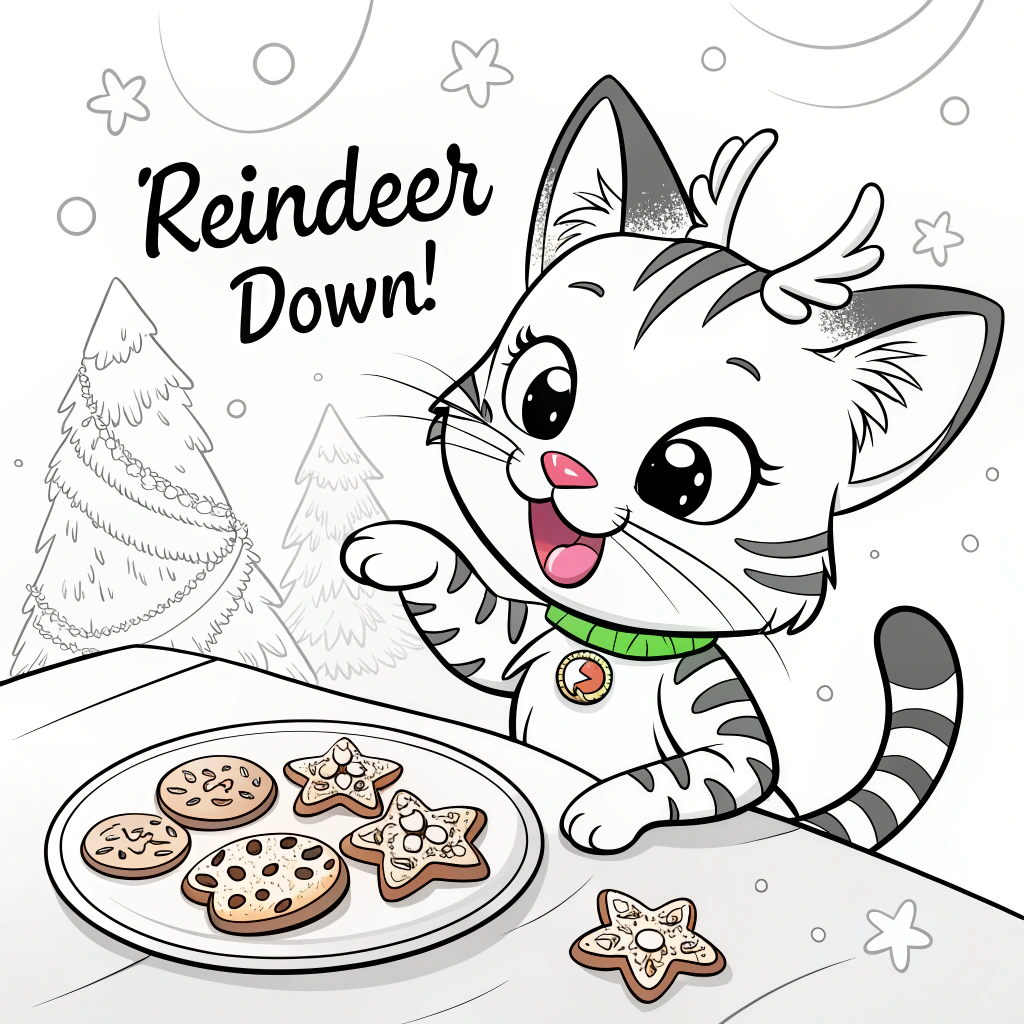 AI generated image by FLUX.1-schnell: a simple black and white illustration coloring book line art of [A Savannah cat knocking over a plate of reindeer-shaped cookies, icing smearing. The cat's face shows a playful smirk, eyes bright, mouth curved upward, whiskers forward, ears perked. Focus on the fallen cookies and the cat's mischievous expression; clean line art; blank background; medium shot capturing the scene. The Outlined Quote "Reindeer down!" is displayed in playful letters near the scattered cookies.]. The fur and body are very heavy bold outline. There are fur outlines in cat body. The illustration has realistic art style, white filled and heavy bold lines. The background is white and blank. Making it easy to color in.