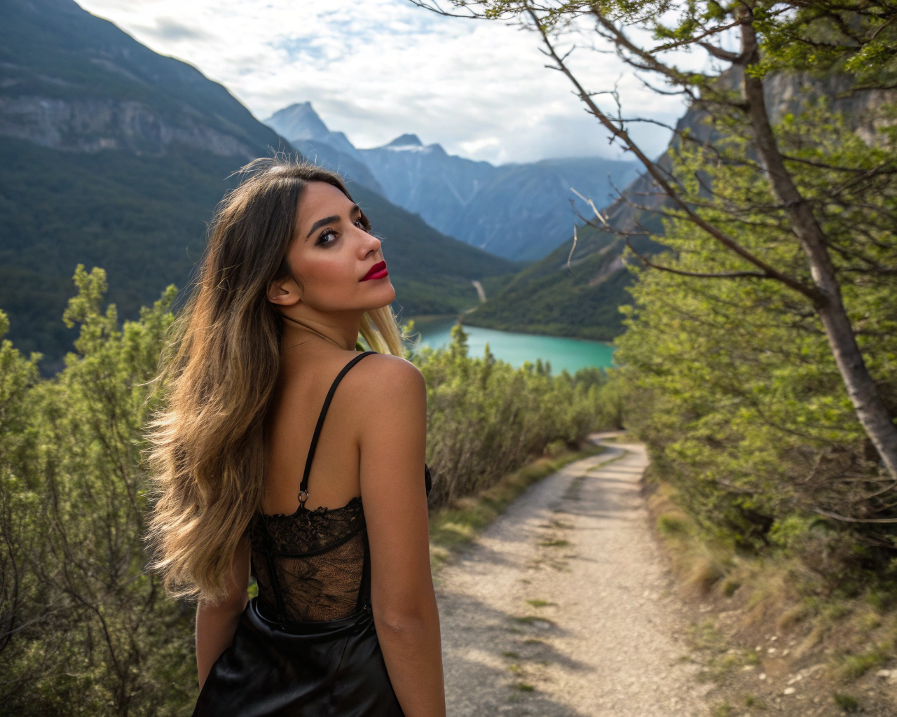 AI generated image by Red Panda AI: crea una mujer latina, pelo largo con rasgos faciales detallados y una piel radiante muy realista. 
Lleva un conjunto de lencería negra satinada de diseño intrincado, que resalta sus curvas de 
manera elegante. Está posando sensualmente de "espaldas" en un sendero entre las montañas. 
Sin pinos americanos, solo arboles como queñuas y arbustos, el paisaje está adornado
con arbustos y árboles medianos de hojas medianas .
Al fondo, un impresionante paisaje primaveral revela valles profundos y majestuosas montañas que se 
extienden hasta el horizonte. La luz del sol primaveral crea un juego de sombras y reflejos en un lago pequeño, realzando aún más
 el realismo de la escena por favor sin pinos solo arboles y medianos arbustos. SIN PINOS SOLO ARBUSTOS Y ARBOLES medianos
