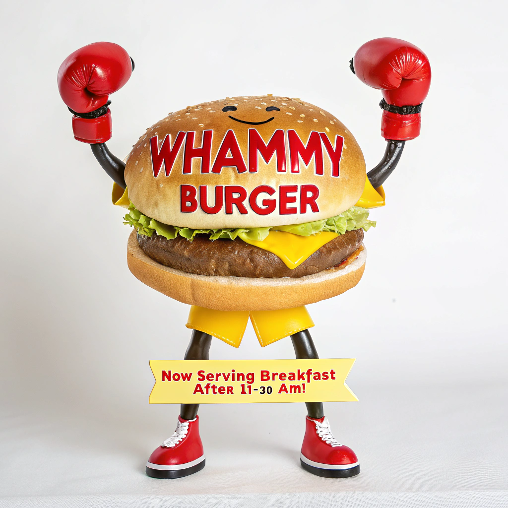 AI generated image by Red Panda AI: Restaurant name is "Whammy Burger", logo is smiling cheeseburger in the style of Mayor McCheese, looking straight ahead, with skinny black legs, and skinny black arms, wearing red boxing gloves, and wearing yellow boxing shorts with a red stripe, as logo on a plain white background, there is a red letter "W" on the yellow shorts, There is a slogan that reads, "Now Serving Breakfast After 11:30 AM!"