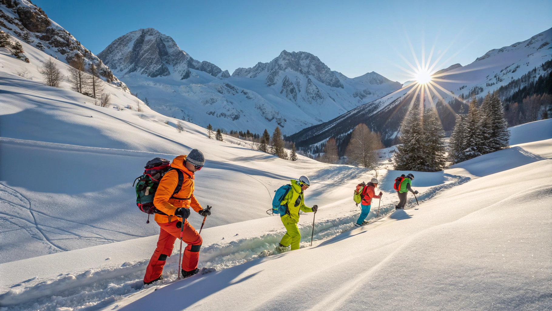 AI generated image by Red Panda AI: Group of Ski touring guys in sunny deep snow alps