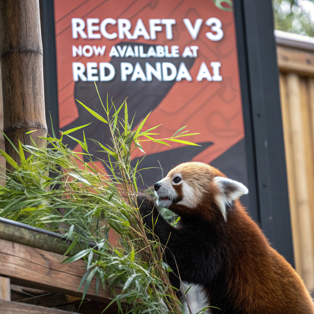 AI generated image by FLUX.1-schnell: a red panda eating a bamboo in front of a poster that says "recraft V3 now available at red panda ai