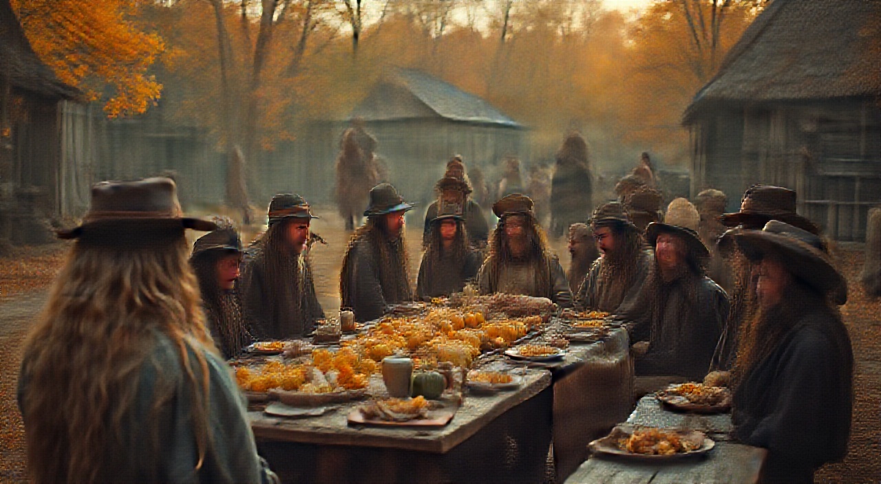 AI generated image by FLUX.1-pro: "A historically authentic cinematic photograph of the first Thanksgiving in Massachusetts, ca. 1621; Pilgrims in plain, dark attire with wide-brimmed hats and bonnets sit at a rustic wooden table outdoors, sharing a humble feast of corn, squash, wild fowl, and fish with Wampanoag tribespeople, who wear traditional deerskin clothing, moccasins, and beaded accessories; a backdrop of autumn foliage and a simple Pilgrim settlement, with wooden cabins and a thatched roof meetinghouse; the scene bathed in soft, golden light of the setting sun, evoking a peaceful yet solemn tone; attention to historical detail in clothing, tableware, and setting. [tags start here] cinematic, historical photography, realistic, vibrant."