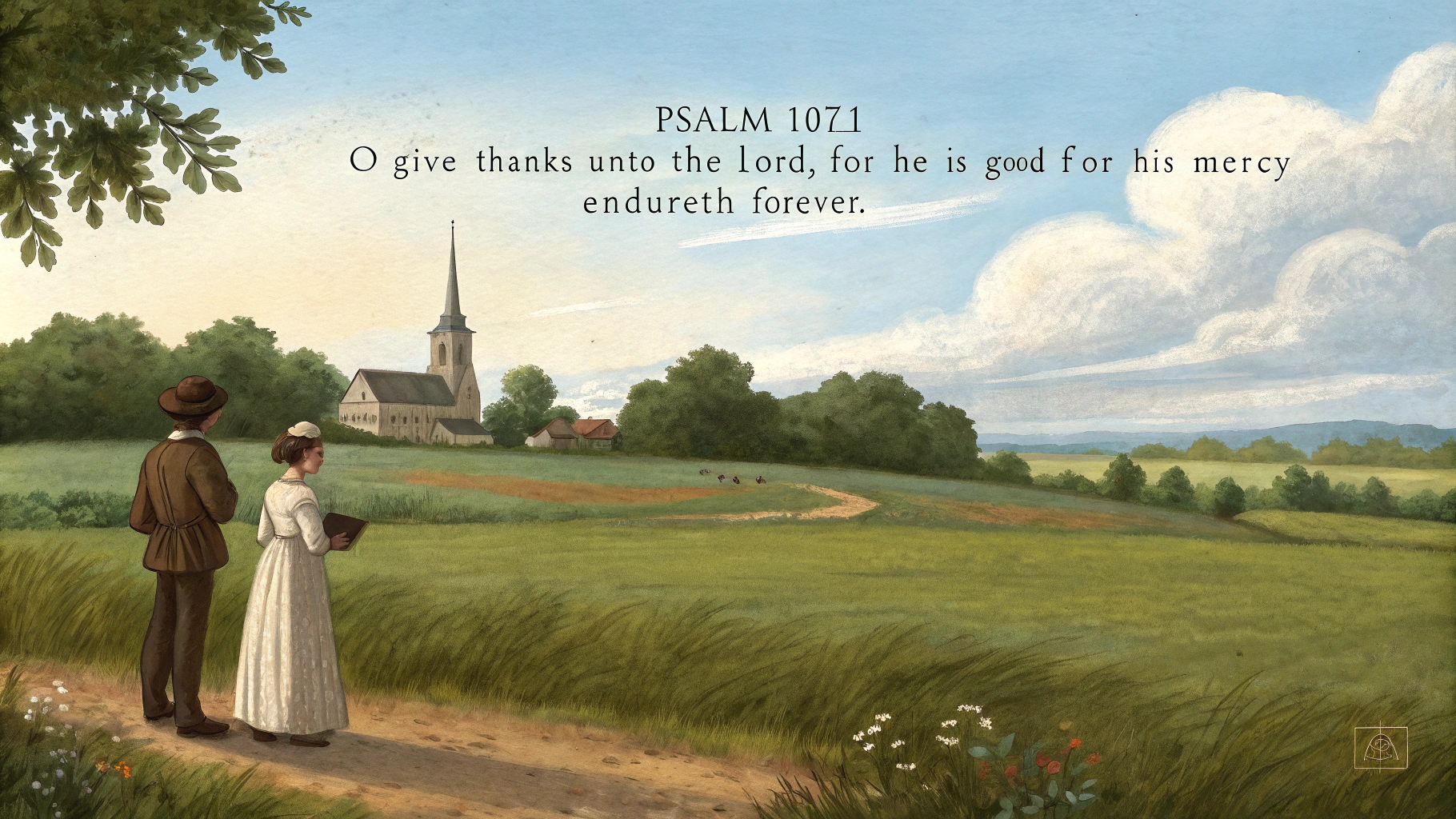 AI generated image by Red Panda AI: A tranquil rural landscape painted by 19th French painter Jean-François Millet, a couple standing near one another, gazing at an expansive field. They are situated in the foreground, as the woman dons a white dress and the man wears a brown attire. In the background, a church with a tall spire rises from the verdant surroundings. The heavens are adorned with shades of blue and white, indicating a sunny day. A verse from Psalm 107:1 is superimposed on the image, which states, 'O give thanks unto the LORD, for He is good; for His mercy endureth forever.'