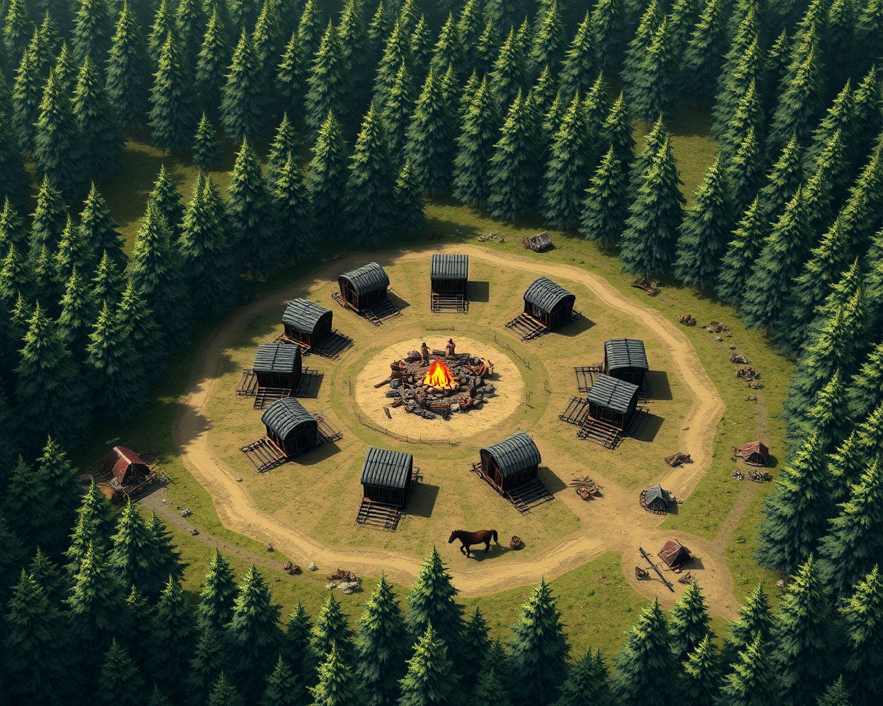 AI generated image by FLUX.1-schnell: Vibrant TTRPG BATTLEMAP that contains a circle of 9 wagons and makeshift horse pen in a forest clearing. There is  a central cooking fire and a number of tents. There should be a wagon trai adjacent to the camp. In the style of WOTC