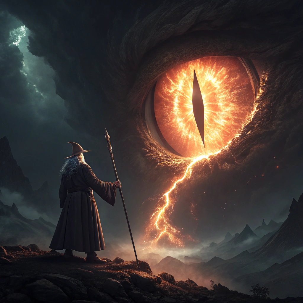AI generated image by FLUX.1-schnell: realistic image 8k cinematic sauron vs gandalf