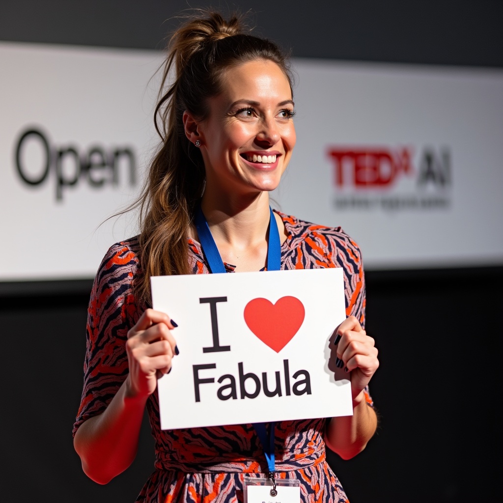 AI generated image by FLUX.1: A photo of a beautiful smiling brunette, with long hair in a messy ponytail wearing a colorful dress with a blue lanyard around her neck holding a sign saying “I love Fabula” at a TedX stage. She is smiling while talking to the audience. There is a white wall behind her and there is Open AI logo on it. She has a nice body shape. Her eyes look like they have something interesting or smart ideas inside them. The overall atmosphere conveys confidence and determination as she shares knowledge about AI tech with people from all walks of life, in the style of a TedX talk