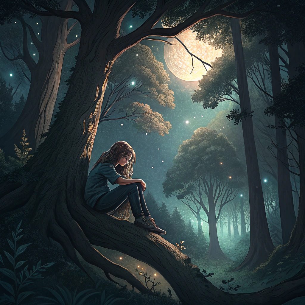 AI generated image by Red Panda AI: It is a scene where there is a large forest and among the trees a girl is sitting on a branch, it is night so the place has little lighting.