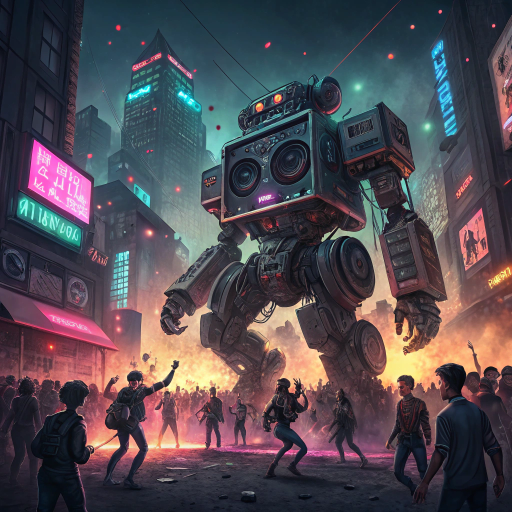 AI generated image by FLUX.1-schnell: giant robot sound system destroy a free party, punk and ravers are dancing or fleeing the scene by night