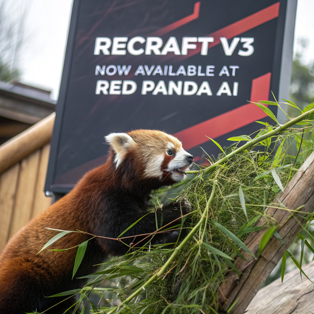 AI generated image by Red Panda AI: a red panda eating a bamboo in front of a poster that says "recraft V3 now available at red panda ai