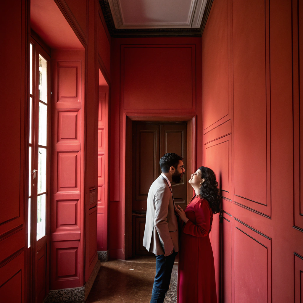 AI generated image by Red Panda AI: one man and one woman, in a room with red walls, making love