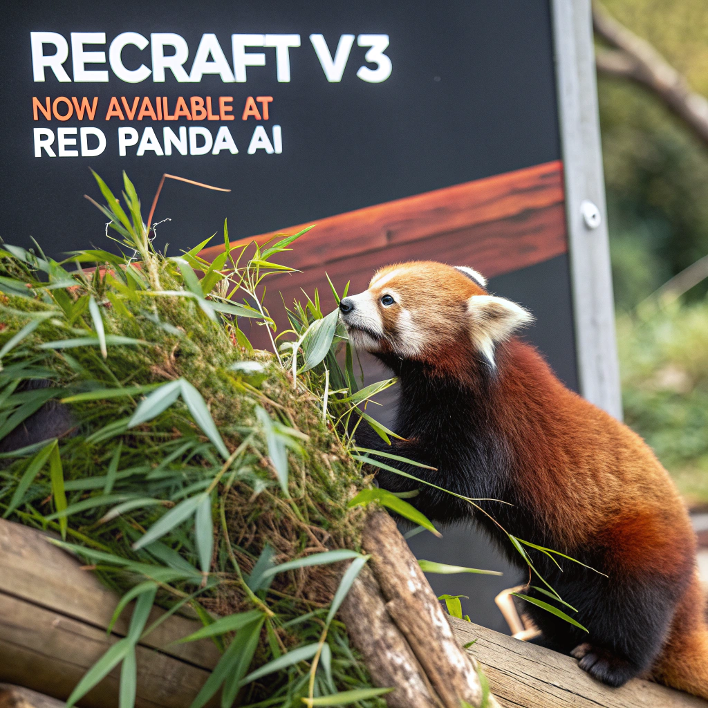 AI generated image by Red Panda AI: a red panda eating a bamboo in front of a poster that says "recraft V3 now available at red panda ai