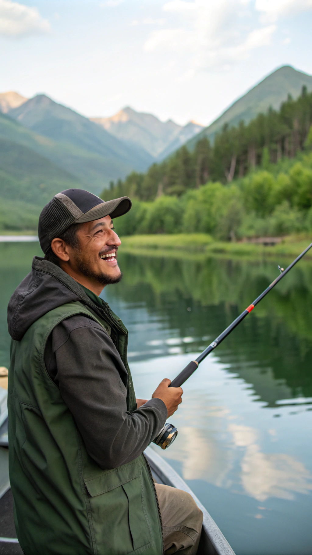 AI generated image by Red Panda AI: happy fisherman fishing on a beautiful lake woth mountains in background 