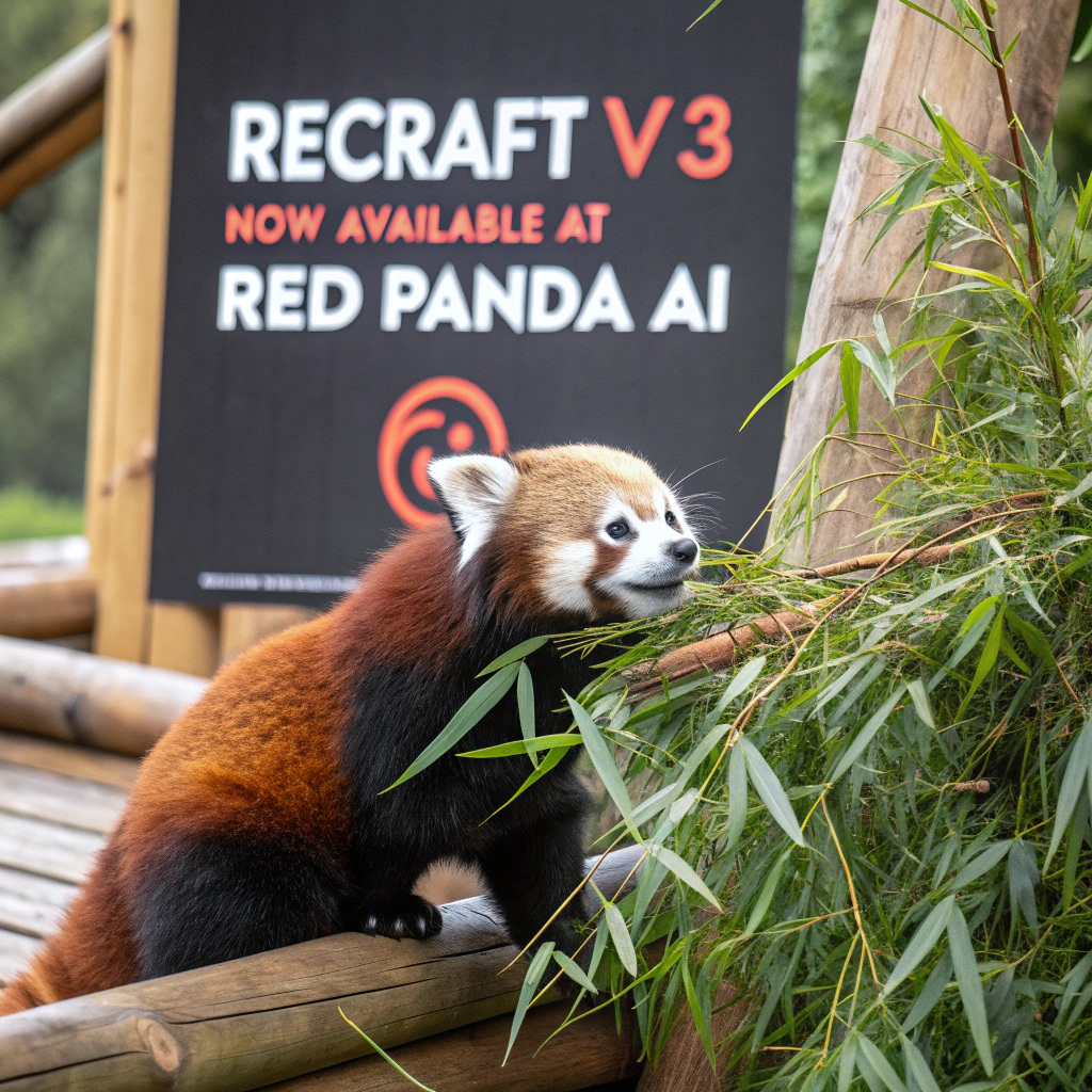 AI generated image by Red Panda AI: a red panda eating a bamboo in front of a poster that says "recraft V3 now available at red panda ai