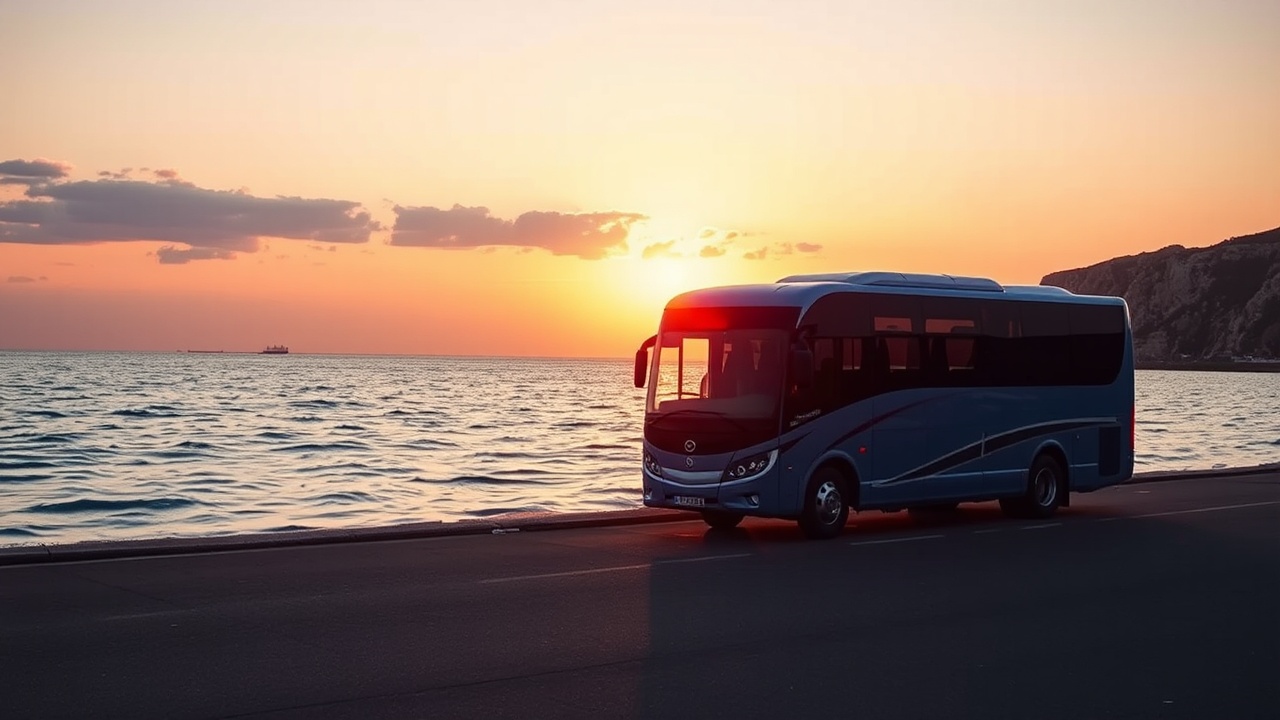 AI generated image by FLUX.1-schnell: Prompt 1: /imagine prompt: A modern blue travel bus parked by the sea in Croatia, glowing under the golden hues of the setting sun, soft waves gently reflecting the evening light. The bus's sleek design stands out against the calm, rippling waters, coastal cliffs in the distance, soft orange-pink sky fading into purple. Photography, cinematic lighting, reflections on the water, evening serenity, hd quality, natural look --ar 16:9 --v 6.0