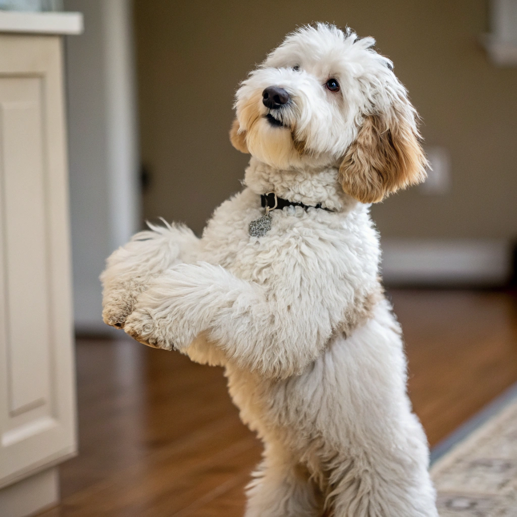 AI generated image by Red Panda AI: quiero un perro mini sheepadoodle blando completamente este parado en dos patas como humano de frente 