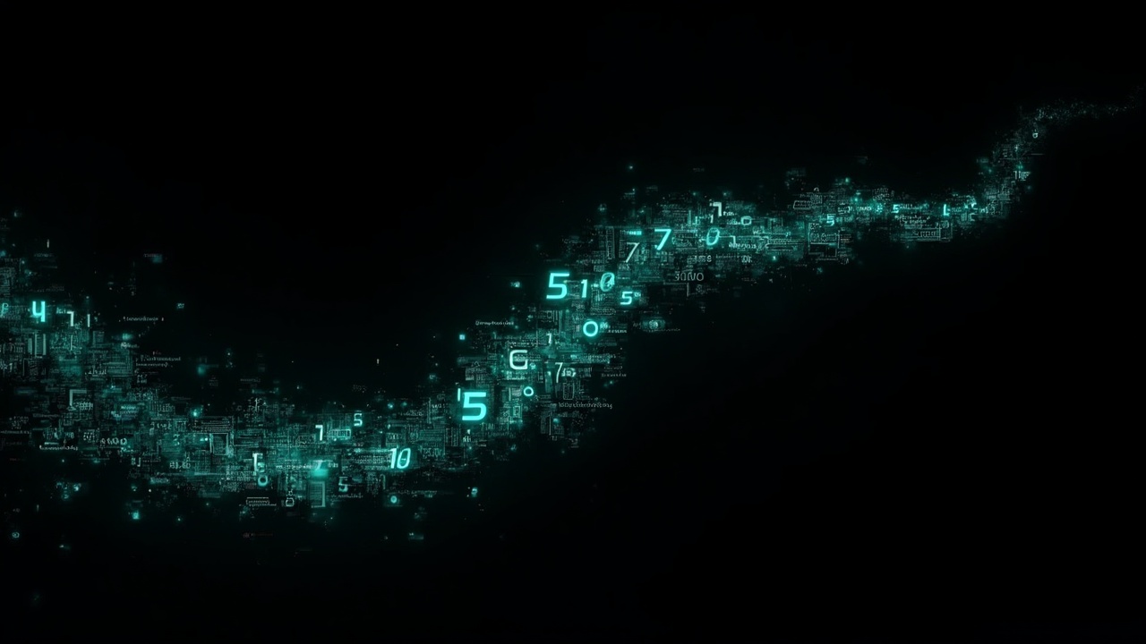 AI generated image by FLUX-Realism-Lora: a swooshing trail made from turquoise numbers and formulas. it starts on the right side of the picture from a point and then grows larger and fades out towards the left side of the image. on a black background. like a png with black only background.