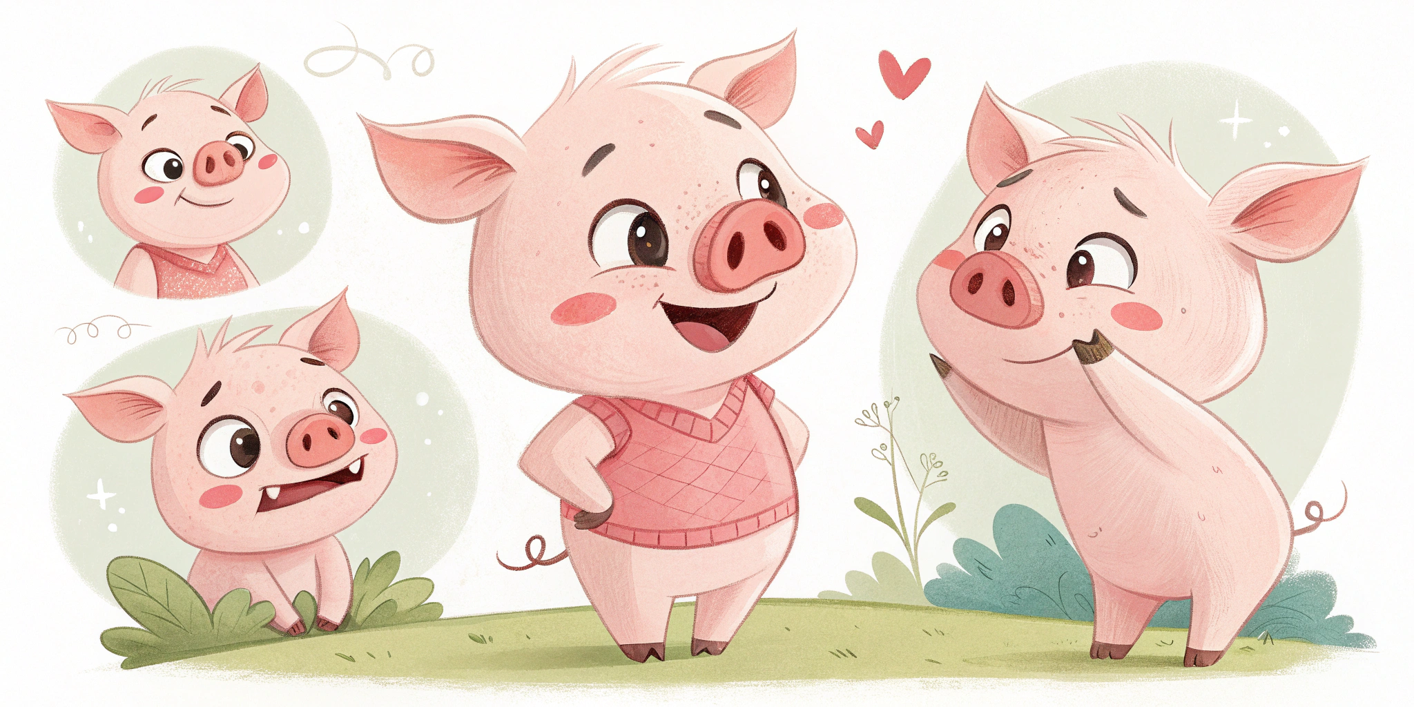 AI generated image by Red Panda AI: Create a cute pig-human character with a soft, pastel pink color and distinct pig features like a snout and pig ears. The character should have a consistent face shape, but display 15 different emotions and expressions through facial features and body language.