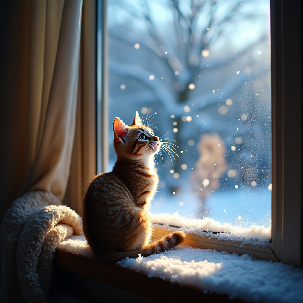 AI generated image by FLUX.1-pro: A realistic photograph of a cat watching snowfall through a window. The scene shows the cat sitting on a cozy windowsill with its soft fur illuminated by gentle indoor light. Snowflakes fall softly outside, covering the ground and trees, creating a serene winter landscape. The window has a light frost on the edges, adding to the wintry atmosphere, and the cat gazes intently at the falling snow with wide, curious eyes. The interior is warm and inviting, with a hint of a cozy blanket on the sill.