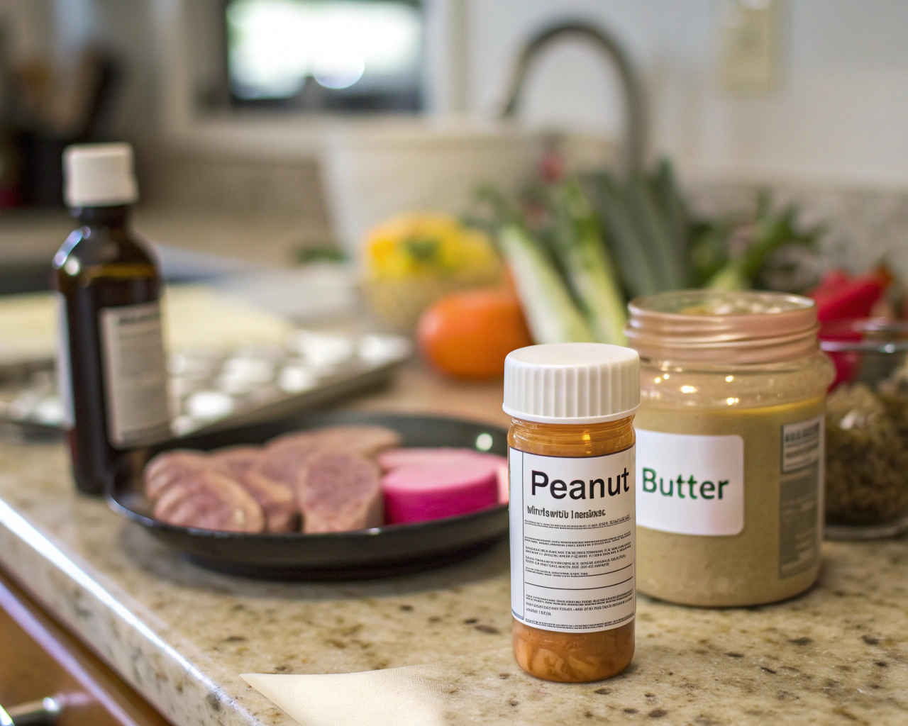AI generated image by Red Panda AI: A kitchen countertop scene with a bottle of medicine showing the patient's name and dosage instructions. The medicine is placed on the left side of the counter. Next to it, there are ingredients for cooking, such as vegetables and meat, positioned in the middle of the counter. On the right side, there is a jar of peanut butter, clearly visible. The labels on the medicine and peanut butter are in focus, and all items are placed at different positions, with no background blur.
