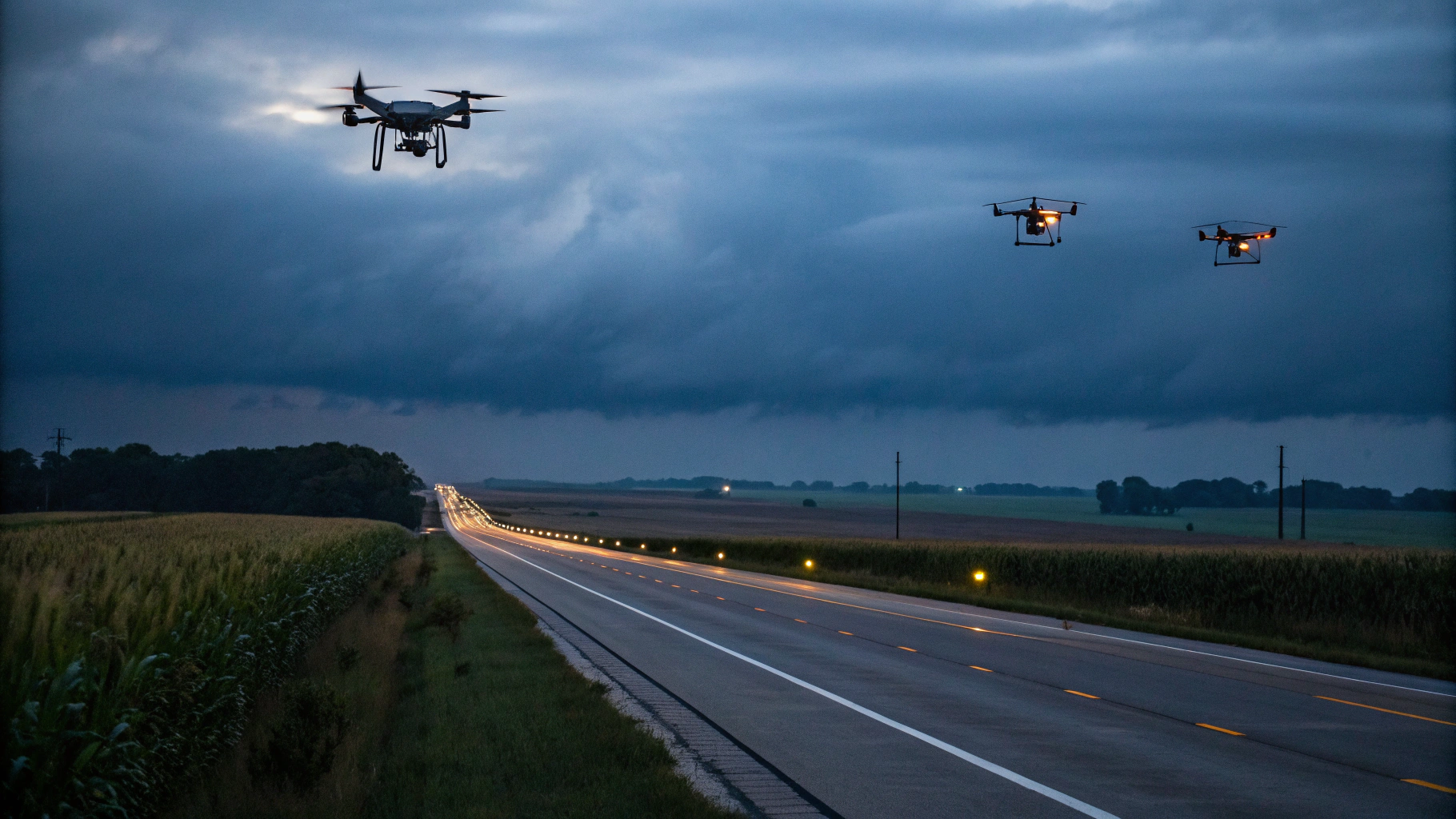 AI generated image by Red Panda AI: four drones come down from the clouds, over highway at night, a cornfield of nebraska is in the distance, at night, scene is dark, mysterious, lights shine down from drones as if looking for something