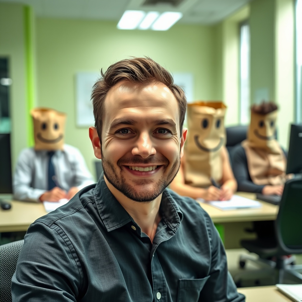 AI generated image by FLUX.1-schnell: a male person in an office on a desk with a smile. The office is colored in green at some areas. In the background are sitting 4 more persons on a desk, their faces are covered with a paper bag with a funny smile written with a black pencil on it.