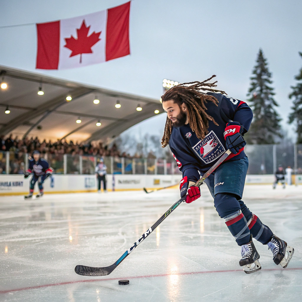 AI generated image by Red Panda AI: ice hockey player with dreadlocks, playing on a ice lac in canada