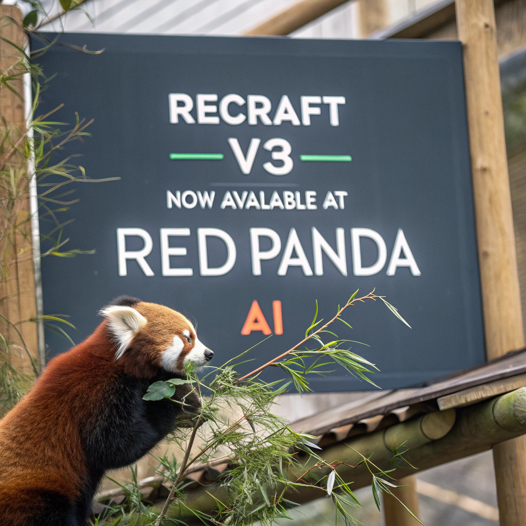 AI generated image by Red Panda AI: a red panda eating a bamboo in front of a poster that says "recraft V3 now available at red panda ai