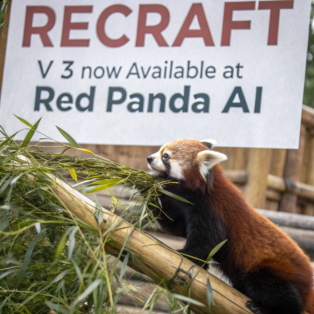 AI generated image by Red Panda AI: a red panda eating a bamboo in front of a poster that says "recraft V3 now available at red panda ai