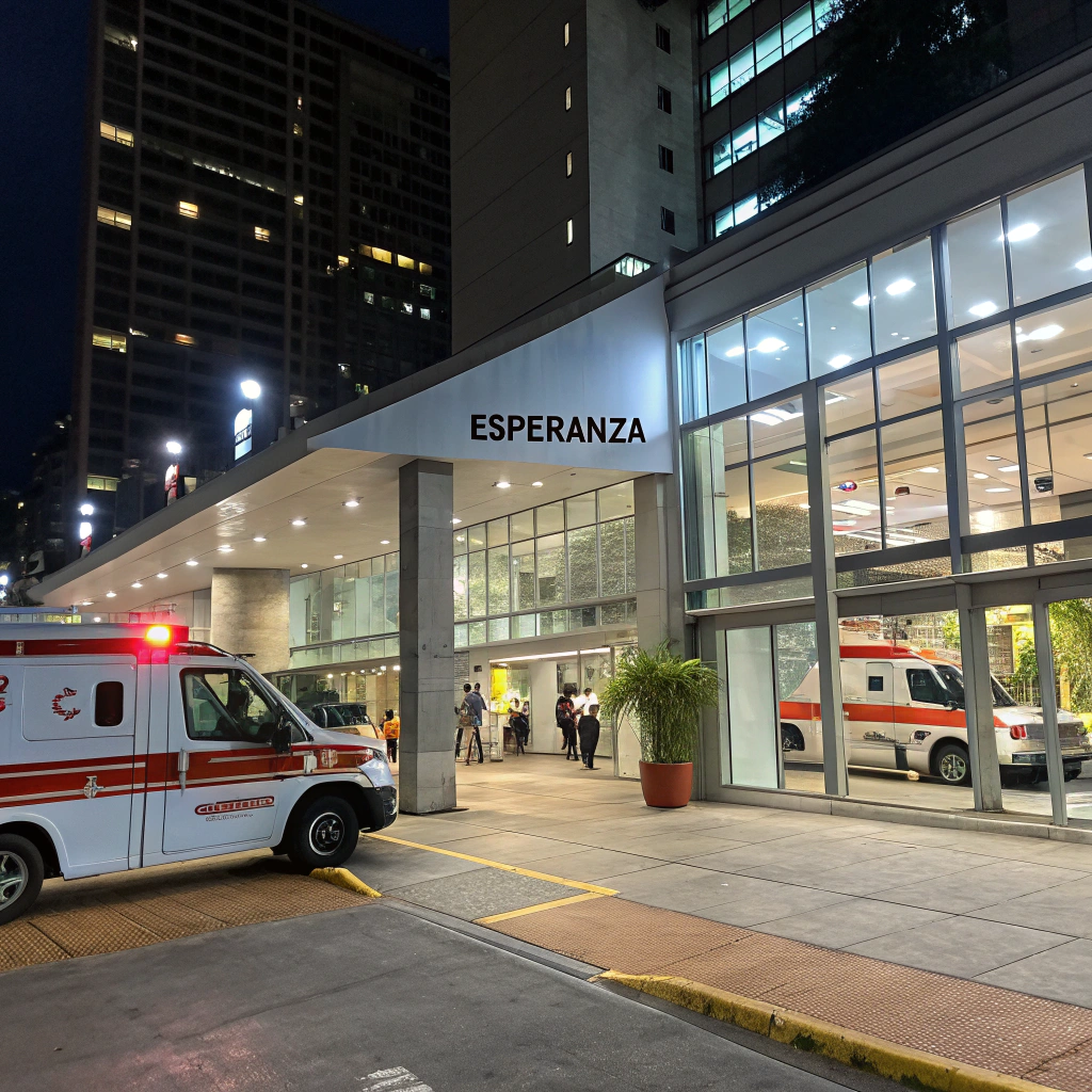 AI generated image by Red Panda AI: Quiero crear la entrada de un hospital con el nombre ESPERANZA, con puertas grandes de vidrio, iluminado, en el centro urbano, con ambulancias estacionadas, y la señalización propia de un hospital general.