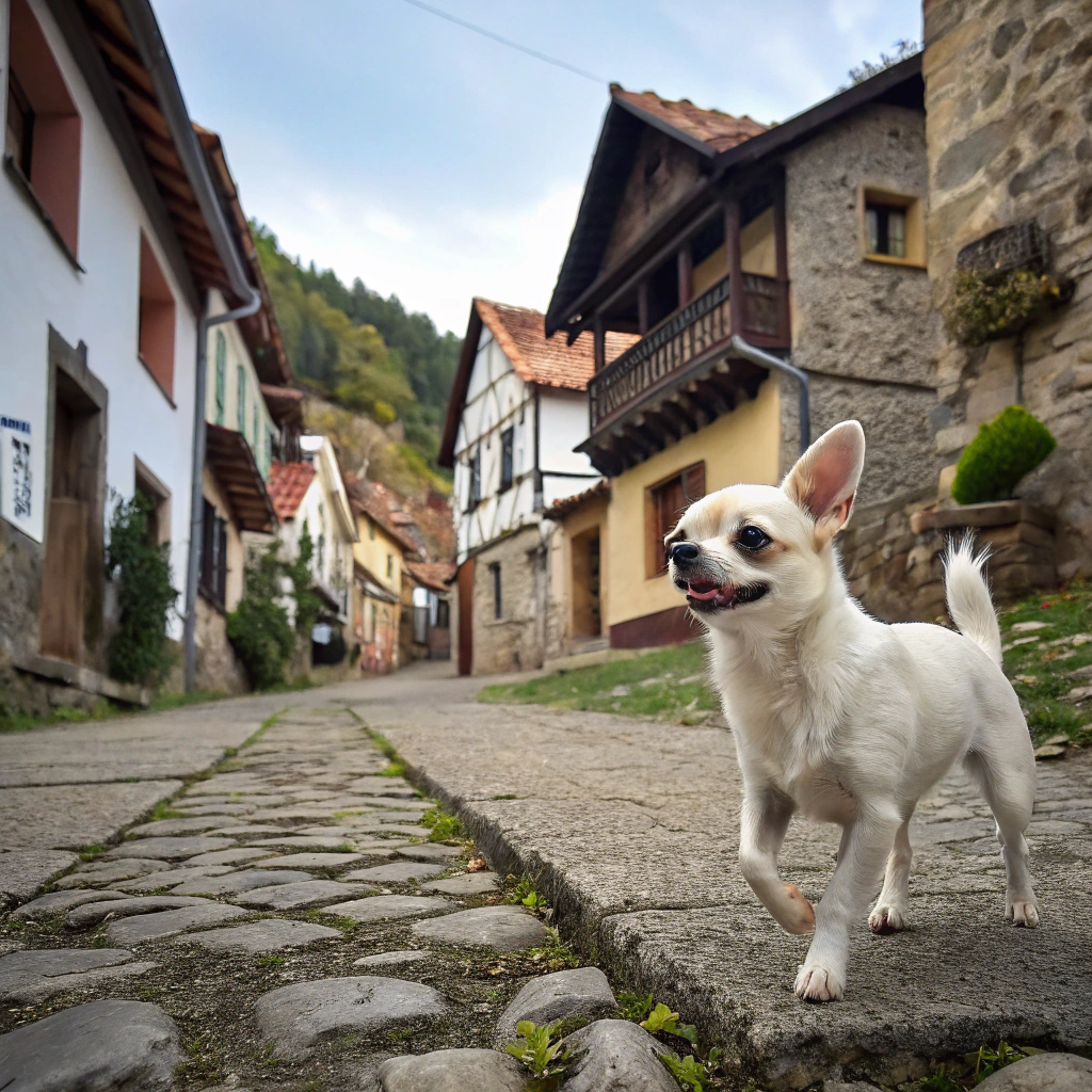 AI generated image by Red Panda AI: En un pequeño pueblo vivia un perro chiguagua blanco pequeño juegueton y curioso