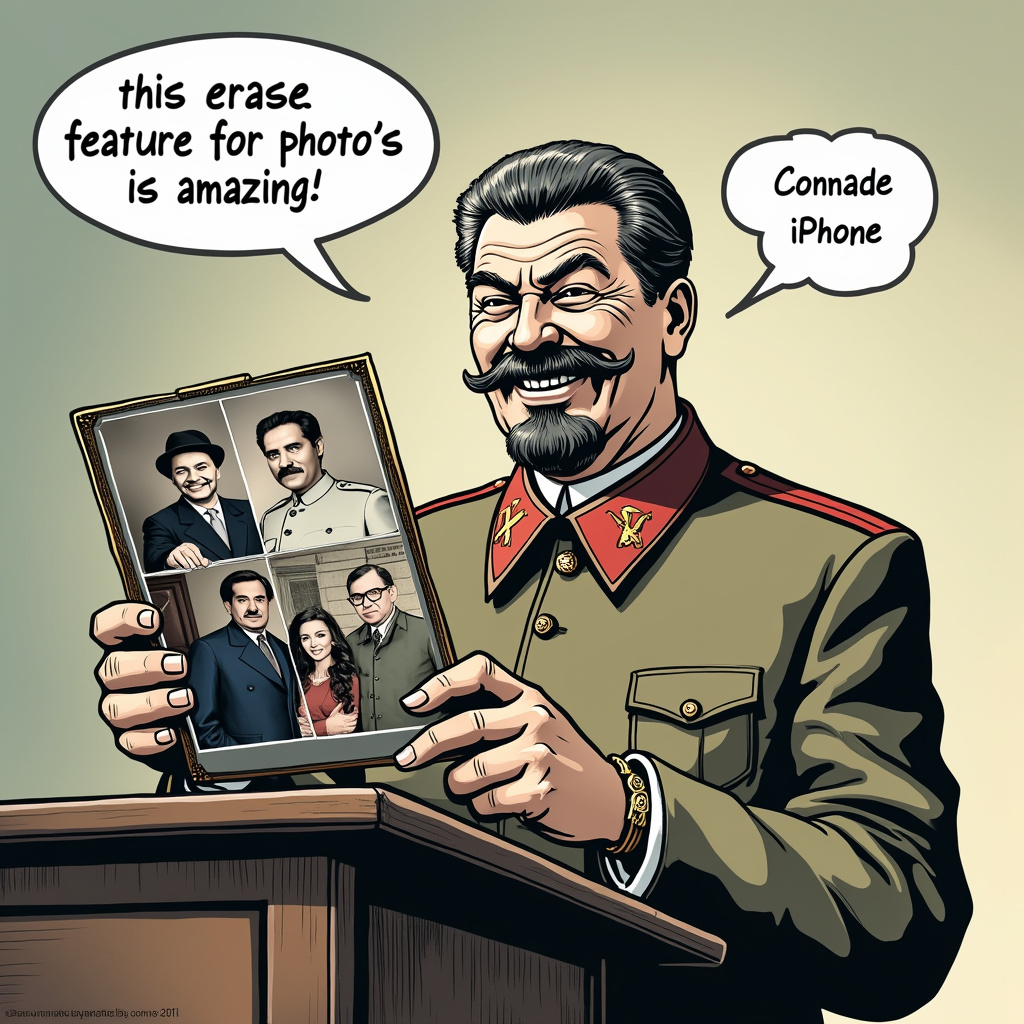 AI generated image by FLUX.1-pro: Comrade Stalin is using the new iPhone 16. He's using the new AI photo manipulation feature. he's smiling nefariously as he is deleting his former pesky rivals from old group photos. Add a word baloon (like in comics) with a text in there reading: "this erase feature for photo's is amazing!"
