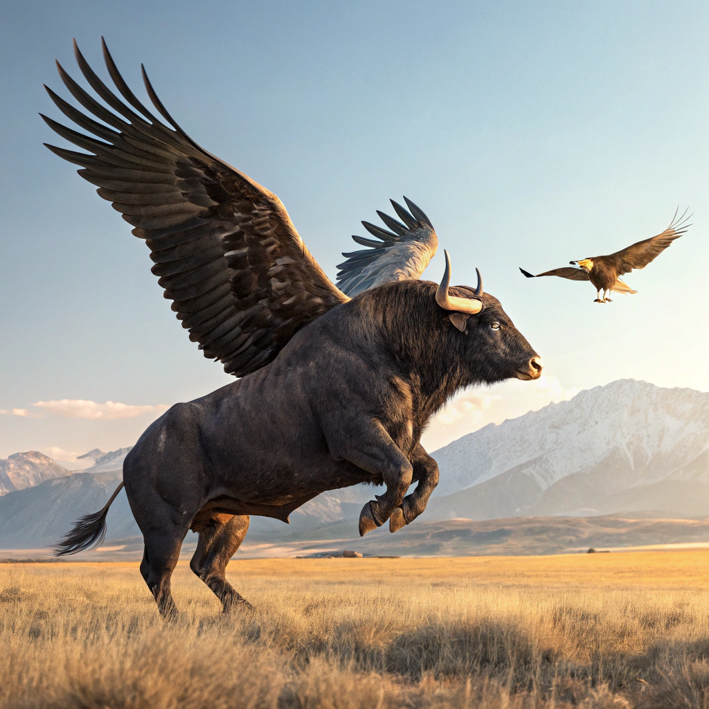 AI generated image by Red Panda AI: Prompt:
Una majestuosa criatura híbrida que combina la fuerza de un toro y la agilidad de un águila, emergiendo en un vasto campo bajo un cielo despejado. Su cuerpo es masivo y musculoso, con el pelaje oscuro del toro que tiene reflejos metálicos, pero sus alas son de un águila dorada, brillando intensamente bajo la luz del sol. Los cuernos del toro se elevan poderosamente hacia el cielo, mientras que sus garras, fuertes y afiladas como las de un águila, se extienden hacia adelante. La criatura está en pleno vuelo, sus alas extendidas, pero sus patas traseras aún firmemente plantadas en el suelo, mostrando una postura que equilibra agilidad y fuerza. La escena está cargada de energía, mientras esta criatura desafiante mira hacia el horizonte, rodeada por un paisaje vasto y montañoso que resalta su grandiosidad.

