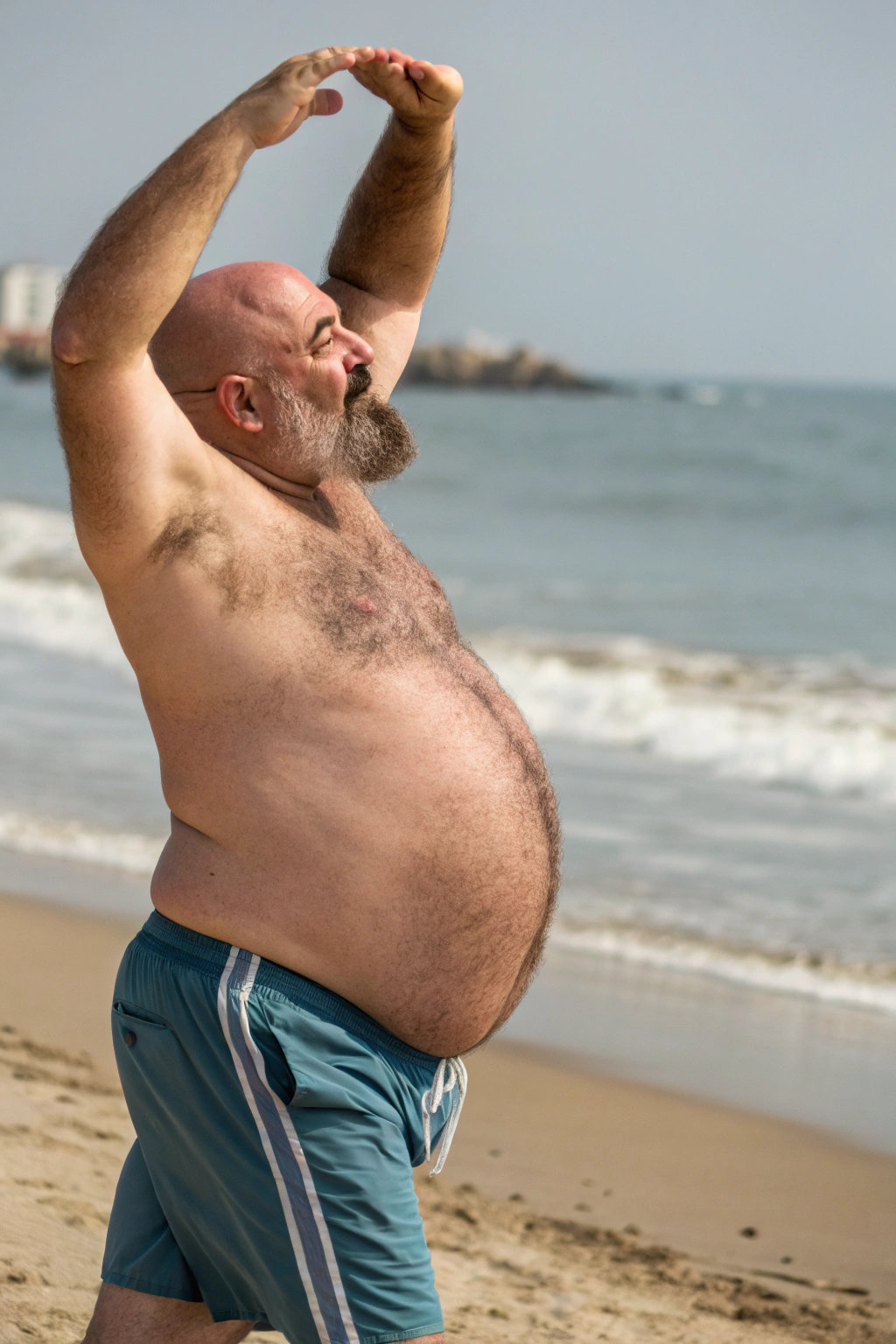 AI generated image by Red Panda AI: a bulky and slightly overweight 50 year old hirsute dad at the beach stretching. Man has heavy amount of body hair, hairy chest pattern, expanding his bloated heavy bearded-belly, bald head, brown and white goatee