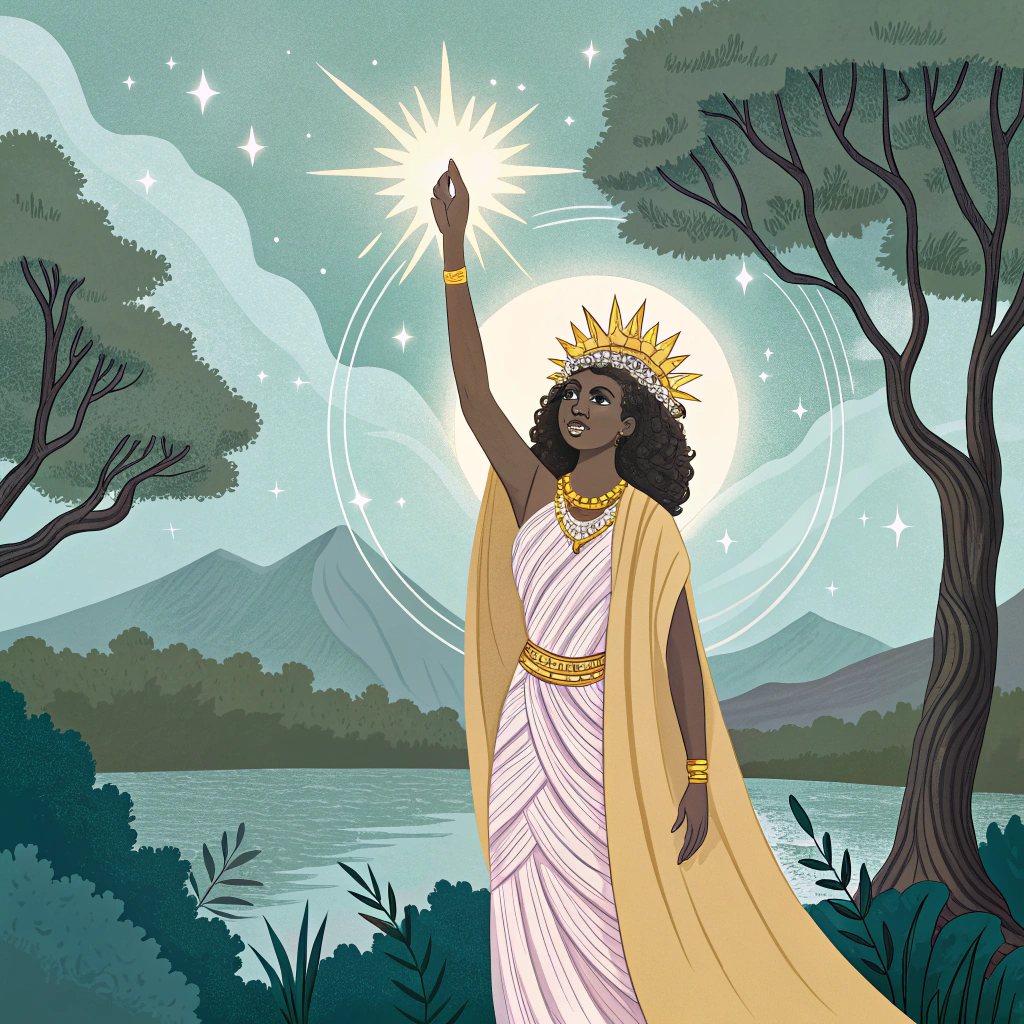 AI generated image by Red Panda AI: Please find pictures of Sarah Msika online, and create an image of her as a mighty spiritual goddess