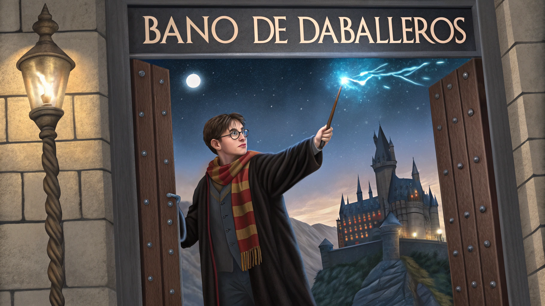 AI generated image by Red Panda AI: Diseña una ilustración para una puerta de baño de hombres, inspirada en el personaje Harry Potter. La imagen debe ser detallada y en alta resolución para impresión, con estilo mágico y fantástico. Harry Potter aparece con su icónica capa negra, bufanda de Gryffindor, gafas redondas y su cicatriz en forma de rayo. Está sosteniendo su varita en alto, con un hechizo luminoso azul brillante saliendo de ella. De fondo, se ve el castillo de Hogwarts envuelto en un cielo estrellado y una luna llena. Incluir elementos como un escudo de Gryffindor, un caldero humeante y pequeñas referencias como la Snitch Dorada en un rincón. El texto "Baño de Caballeros" (o "Baño de Chicos") debe estar integrado de manera elegante en la composición, con una tipografía similar a la de los títulos de Harry Potter.