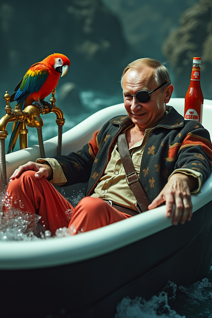 AI generated image by FLUX.1-pro: In this ludicrous, steamy spectacle, Vladimir Putin ::2 , the erstwhile leader, is recast as "Captain Putinstein," a scrawny pirate, lounging in a bathtub that's more Titanic than tub, chugging through a wild, stormy sea. The tub, a ludicrous parody of his grandeur, is adorned with ornate, golden taps that spout not water, but Russia's weeping tears, symbolizing his nation's plight. Putinstein is a riot of incongruous sartorial choices - he's wrapped in a tattered, faded Russian flag cape, reminiscent of a ringmaster, while his trousers, tomato red, clash with his gaunt, grinning face. His eye patch, a desperate attempt to hide his laughter, or perhaps a well-thrown balalaika wound, rests atop his sunken right eye, a grotesque parody of the daring pirate stereotype. Perched on his bony shoulder, a parrot squawks like a manic sportscaster, cackling, "Da! Mother Russia sink, but Captain Putinstein no care!" Its antics echo the farcical gestures of the figureheads on the doomed vessel - "The Russia Sinking" - listing horribly behind him, its Lady Liberty counterpart, clad in a life buoy, a desperate beacon in the sea. Putinstein's navigational aid is not a map, but a towering bottle of ketchup, a grotesque parody of his leadership. It guides him not to treasure, but towards a comically oversized rubber ducky, marking the drain, the nautical bane of his reign. The Russian flag whips around half-mast in the chaos, a backdrop to the titanic farce unfolding in this cramped, domestic stage. This satirical scene is a potent blend of farce and critique, a hilarious pantomime of the absurd, perfectly capturing Putin's ridiculous reign at sea