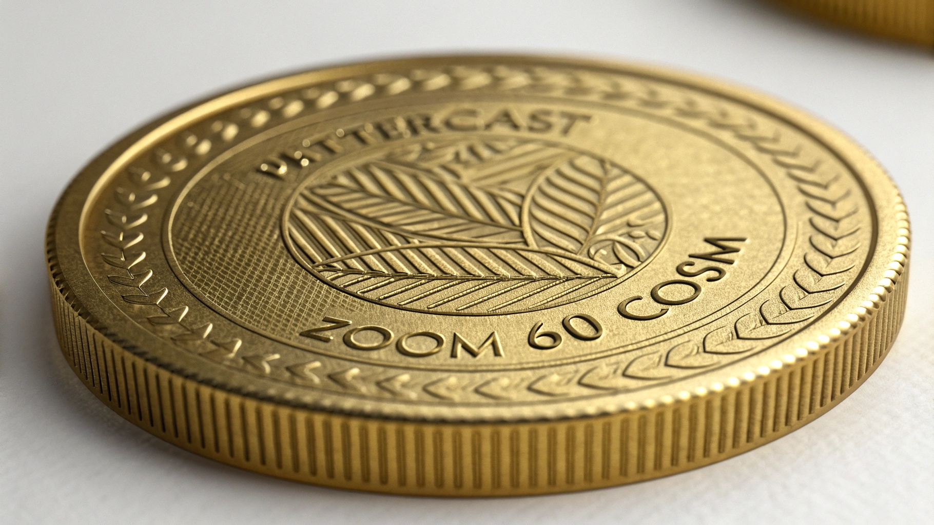 AI generated image by Red Panda AI: coin, beautiful, gold, stamped with "PatternCast ZOOM60", photorealistic, 