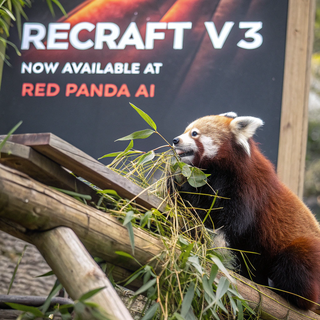 AI generated image by Red Panda AI: a red panda eating a bamboo in front of a poster that says "recraft V3 now available at red panda ai