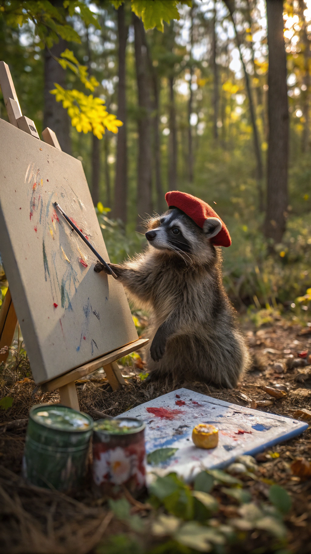 AI generated image by Red Panda AI: A raccoon painting on a canvas in the middle of a forest, surrounded by trees and soft sunlight filtering through the leaves. The raccoon, wearing a little beret and holding a paintbrush, has splashes of paint on its fur and surroundings, showing it's a bit messy but enthusiastic. Despite the scattered paint, the canvas in front of the raccoon displays a surprisingly beautiful, well-executed artwork, capturing the forest scenery around it. The scene is lively and playful, with vibrant colors, adding to the charming, whimsical atmosphere of the forest.